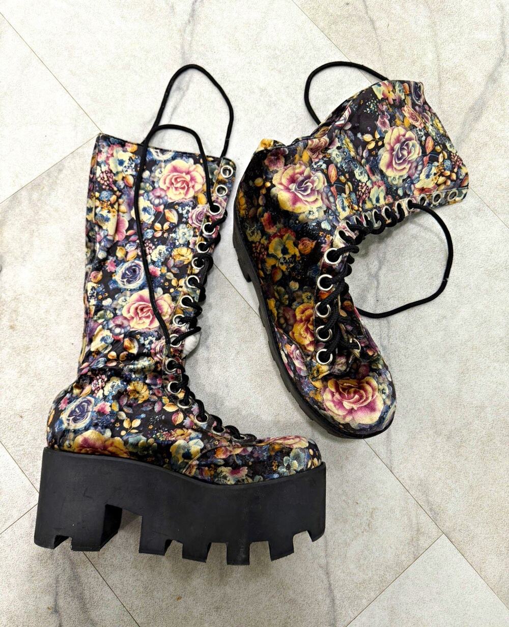 Women’s Floral Lace-Up Platform Ankle Boots Round Toe Multicolor Black 11M